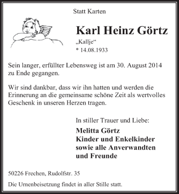Anzeige von Karl Heinz Görtz von  Wochenende 
