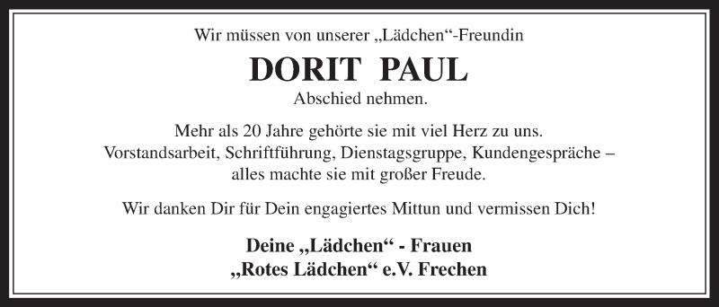  Traueranzeige für Dorit Paul vom 10.09.2014 aus  Wochenende 