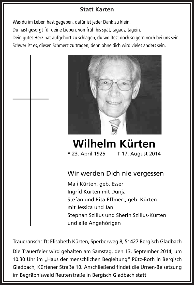  Traueranzeige für Wilhelm Kürten vom 10.09.2014 aus  Bergisches Handelsblatt 