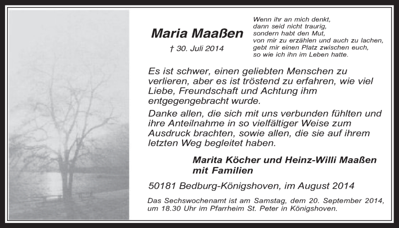  Traueranzeige für Maria Maaßen vom 10.09.2014 aus  Werbepost 