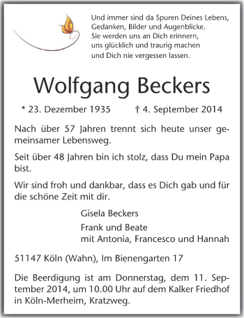 Anzeige von Wolfgang Beckers von  Kölner Wochenspiegel 