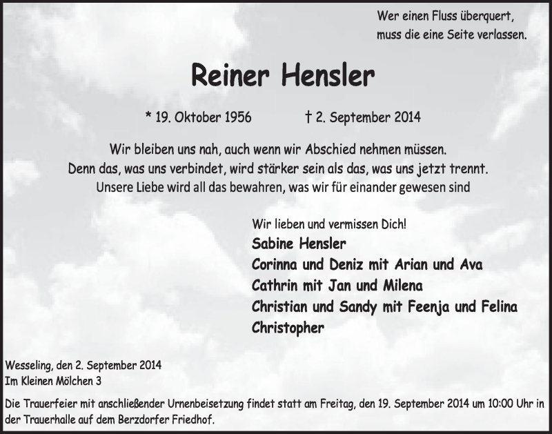  Traueranzeige für Reiner Hensler vom 10.09.2014 aus  Schlossbote/Werbekurier 