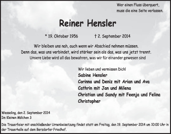 Anzeige von Reiner Hensler von  Schlossbote/Werbekurier 