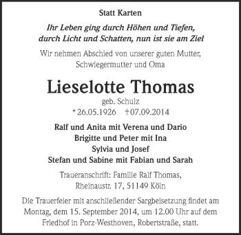 Anzeige von Lieselotte Thomas von  Kölner Wochenspiegel 
