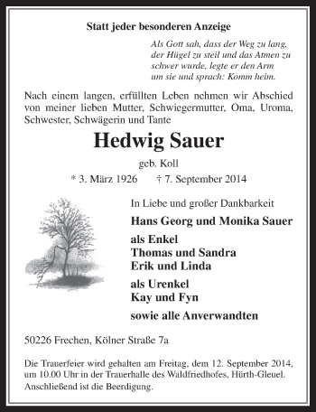 Anzeige von Hedwig Sauer von  Wochenende 