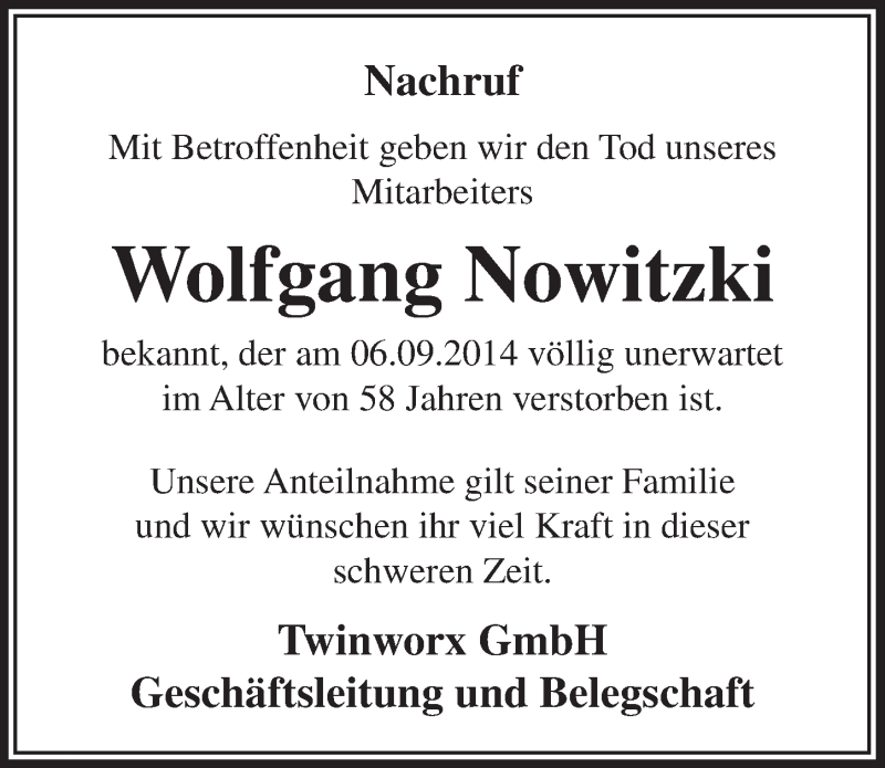  Traueranzeige für Wolfgang Nowitzki vom 10.09.2014 aus  Anzeigen Echo 