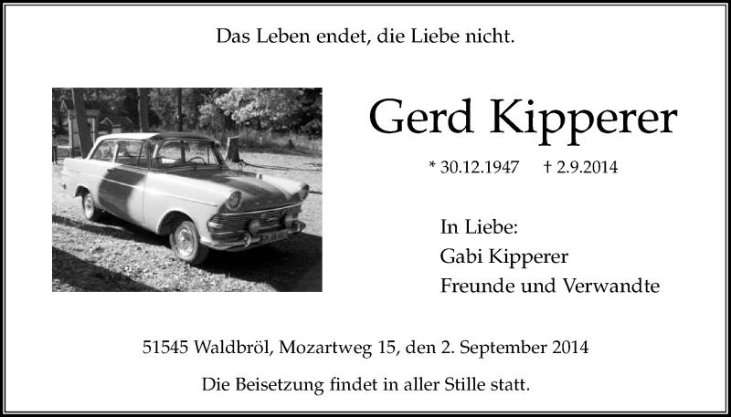  Traueranzeige für Gerd Kipperer vom 10.09.2014 aus  Lokalanzeiger 
