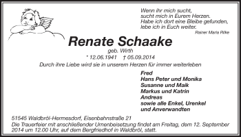Anzeige von Renate Schaake von  Lokalanzeiger 