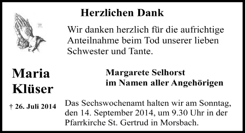  Traueranzeige für Maria Klüser vom 10.09.2014 aus  Lokalanzeiger 