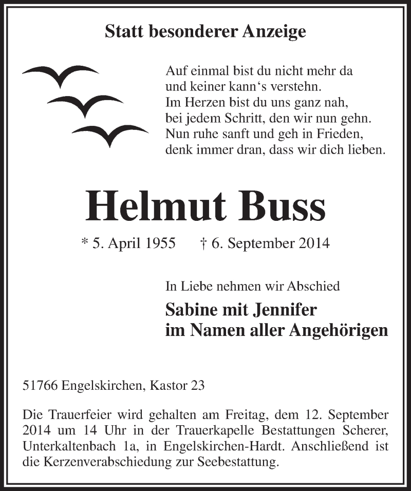  Traueranzeige für Helmut Buss vom 10.09.2014 aus  Anzeigen Echo 