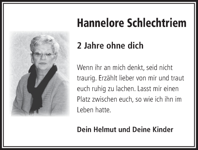  Traueranzeige für Hannelore Schlechtriem vom 17.09.2014 aus  Lokalanzeiger 