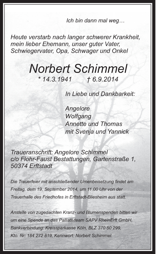 Traueranzeige für Norbert Schimmel vom 17.09.2014 aus  Schlossbote/Werbekurier 