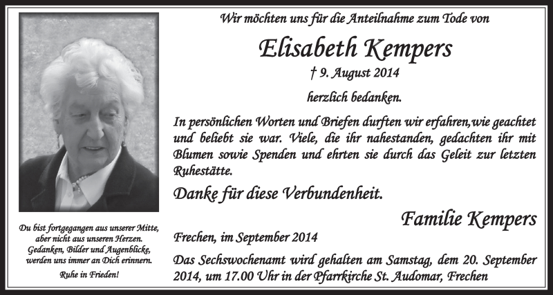  Traueranzeige für Elisabeth Kempers vom 17.09.2014 aus  Wochenende 