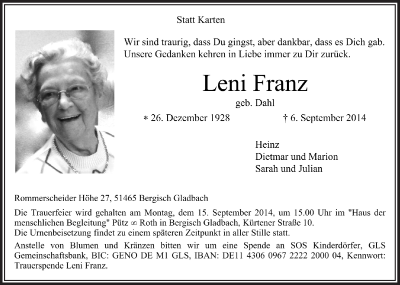  Traueranzeige für Leni Franz vom 10.09.2014 aus  Bergisches Handelsblatt 