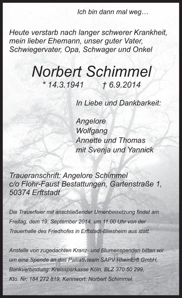  Traueranzeige für Norbert Schimmel vom 17.09.2014 aus  Werbepost 