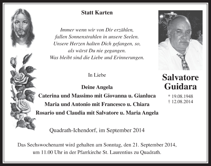  Traueranzeige für Salvatore Guidara vom 13.09.2014 aus  Sonntags-Post 