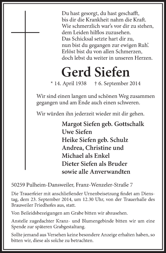  Traueranzeige für Gerd Siefen vom 13.09.2014 aus  Sonntags-Post 