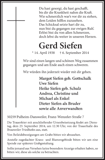 Anzeige von Gerd Siefen von  Sonntags-Post 