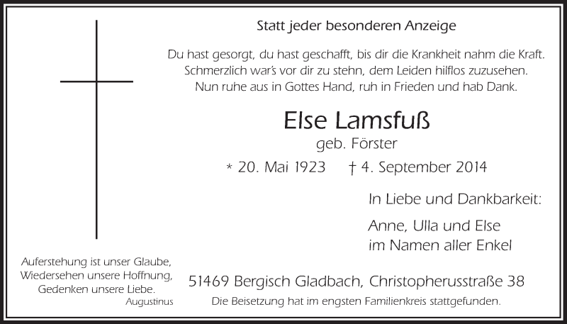  Traueranzeige für Else Lamsfuß vom 24.09.2014 aus  Bergisches Handelsblatt 