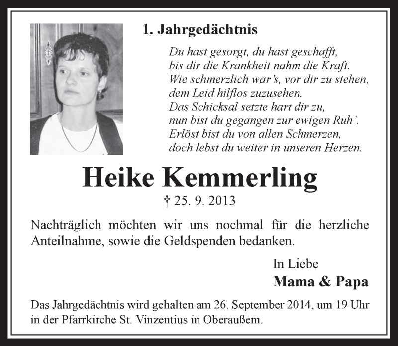  Traueranzeige für Heike Kemmerling vom 17.09.2014 aus  Werbepost 