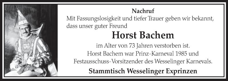  Traueranzeige für Horst Bachem vom 17.09.2014 aus  Schlossbote/Werbekurier 