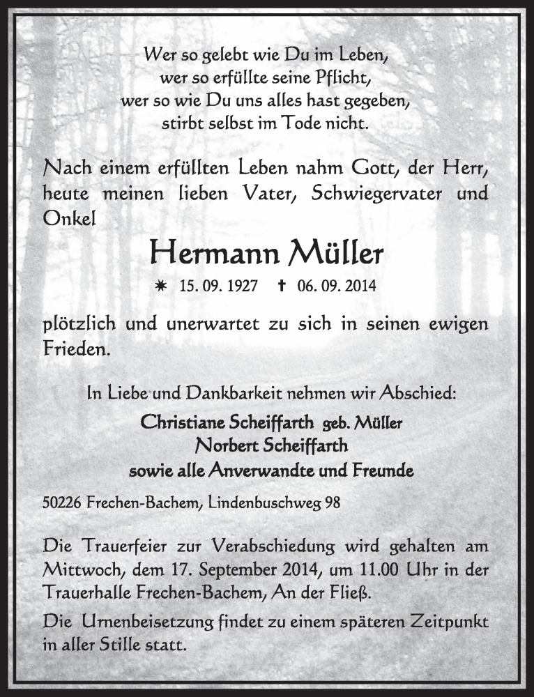  Traueranzeige für Hermann Müller vom 13.09.2014 aus  Sonntags-Post 
