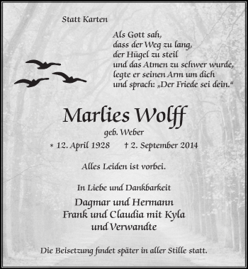 Anzeige von Marlies Wolff von  Leverkusener Wochenende 
