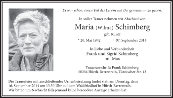 Anzeige von Maria Wilma Schimberg von  Sonntags-Post 