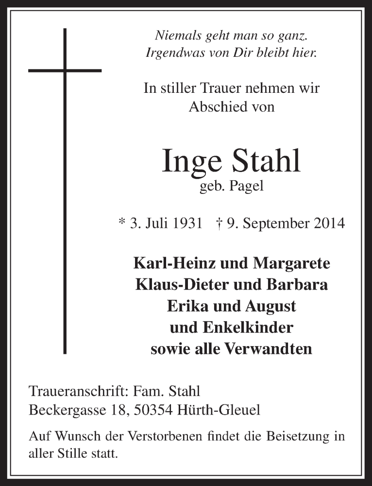  Traueranzeige für Inge Stahl vom 17.09.2014 aus  Wochenende 