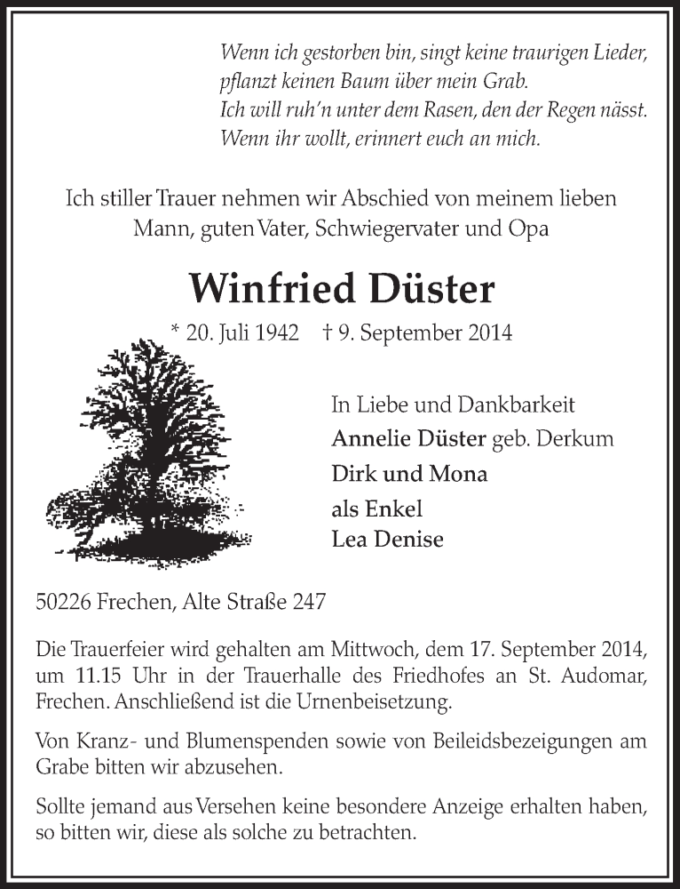  Traueranzeige für Winfried Düster vom 13.09.2014 aus  Sonntags-Post 