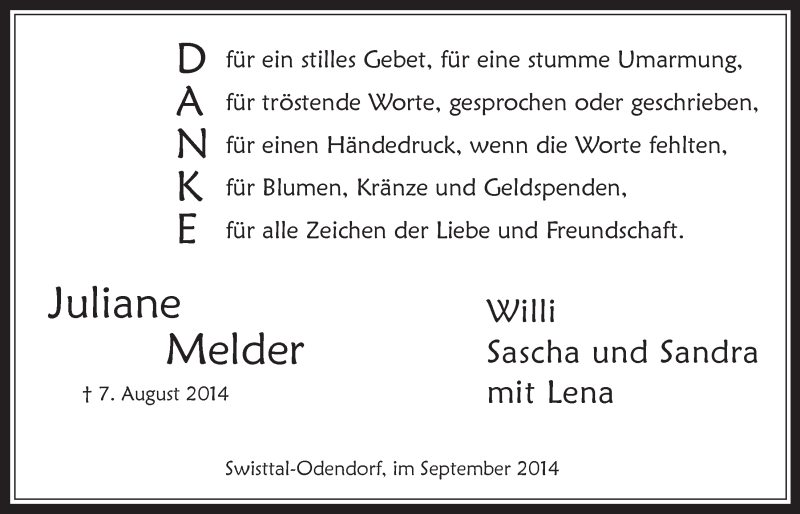  Traueranzeige für Juliane Melder vom 17.09.2014 aus  Schaufenster/Blickpunkt 