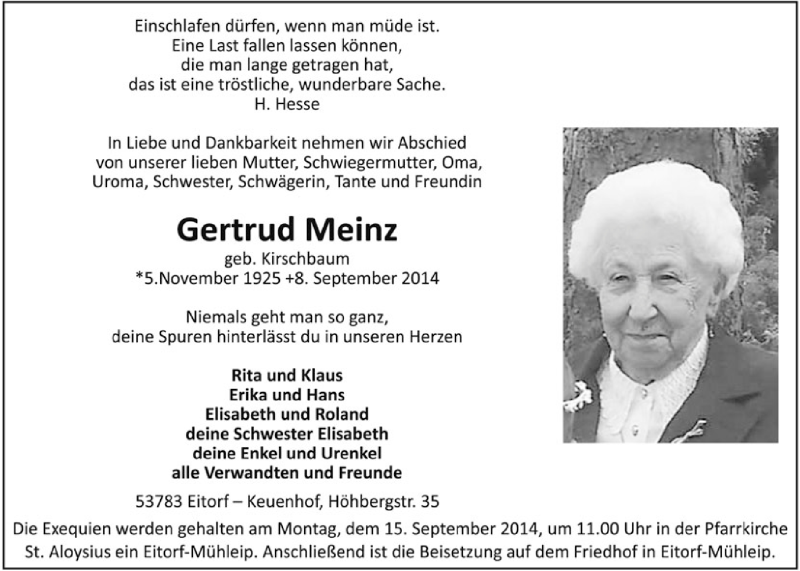  Traueranzeige für Gertrud Meinz vom 13.09.2014 aus  Rhein-Sieg-Wochenende 