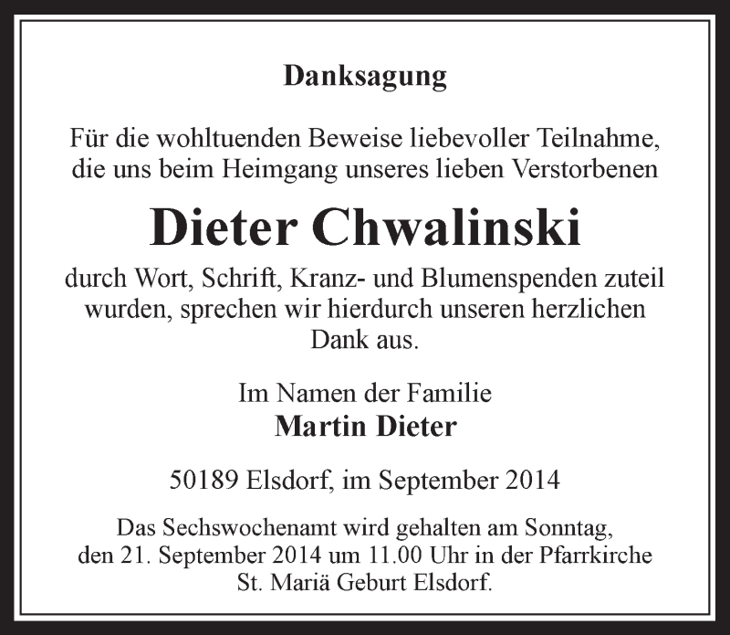  Traueranzeige für Dieter Chwalinski vom 17.09.2014 aus  Werbepost 