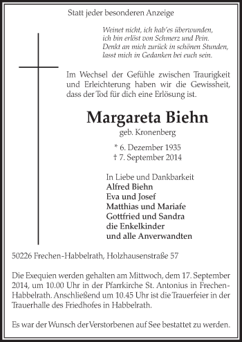 Anzeige von Margareta Biehn von  Sonntags-Post 