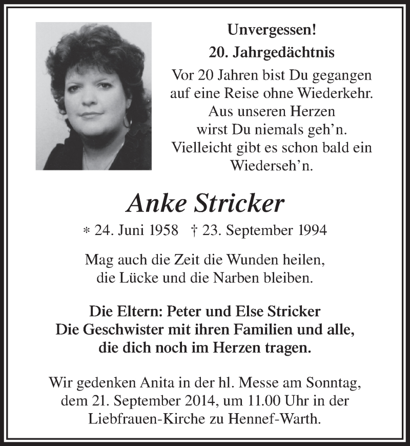  Traueranzeige für Anke Stricker vom 17.09.2014 aus  Extra Blatt 