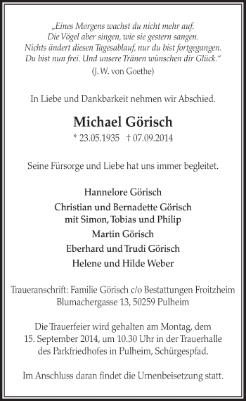 Anzeige von Michael Görisch von  Sonntags-Post 