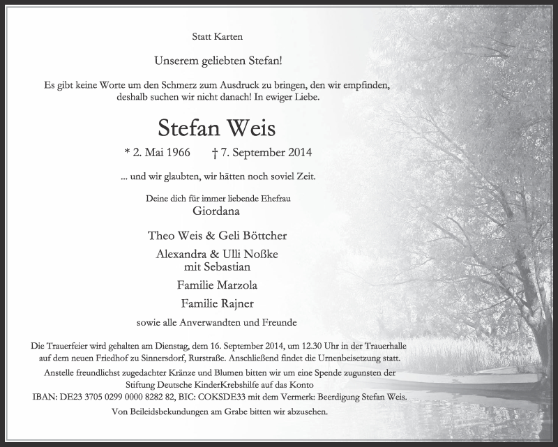  Traueranzeige für Stefan Weis vom 13.09.2014 aus  Sonntags-Post 