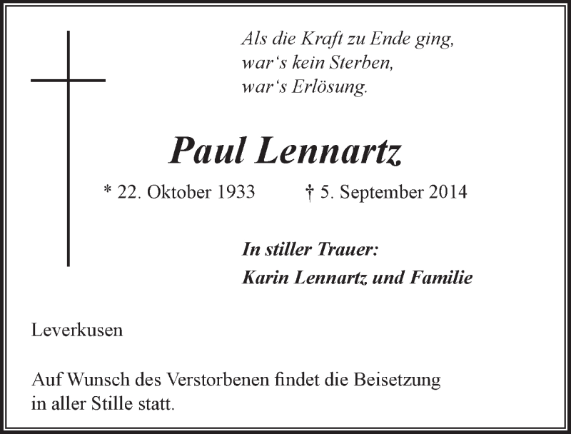  Traueranzeige für Paul Lennartz vom 13.09.2014 aus  Leverkusener Wochenende 