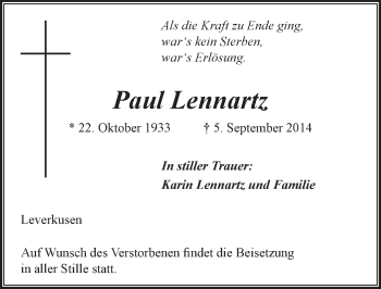 Anzeige von Paul Lennartz von  Leverkusener Wochenende 