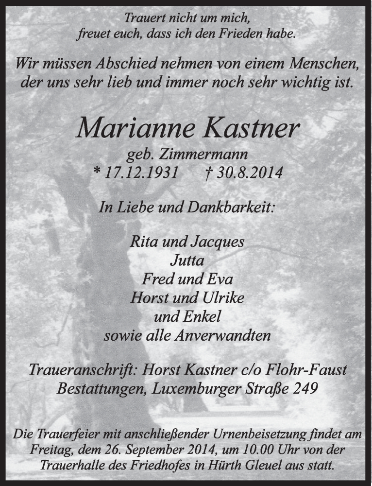  Traueranzeige für Marianne Kastner vom 24.09.2014 aus  Wochenende 