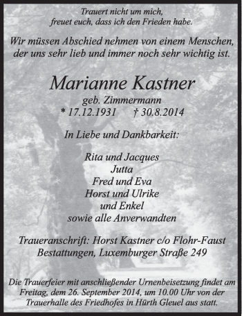 Anzeige von Marianne Kastner von  Wochenende 
