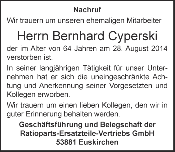 Anzeige von Bernhard Cyperski von  Blickpunkt Euskirchen 
