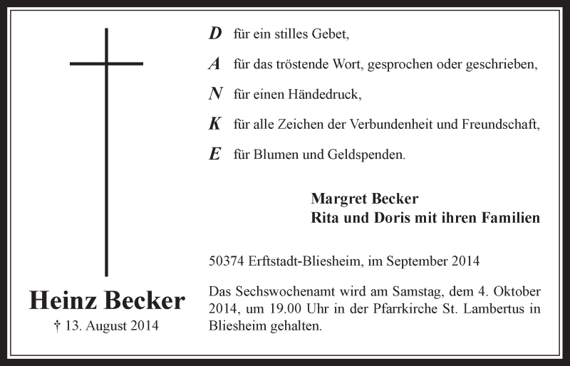  Traueranzeige für Heinz Becker vom 01.10.2014 aus  Werbepost 