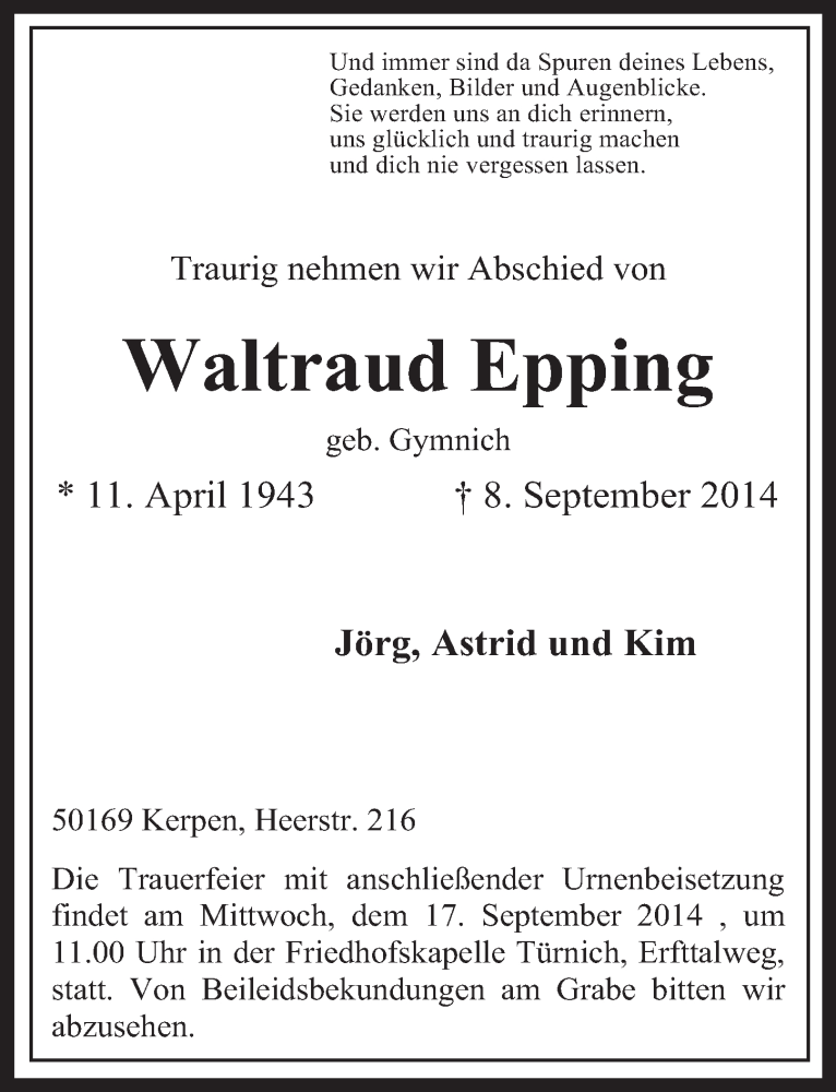  Traueranzeige für Waltraud Epping vom 13.09.2014 aus  Sonntags-Post 