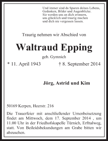 Anzeige von Waltraud Epping von  Sonntags-Post 