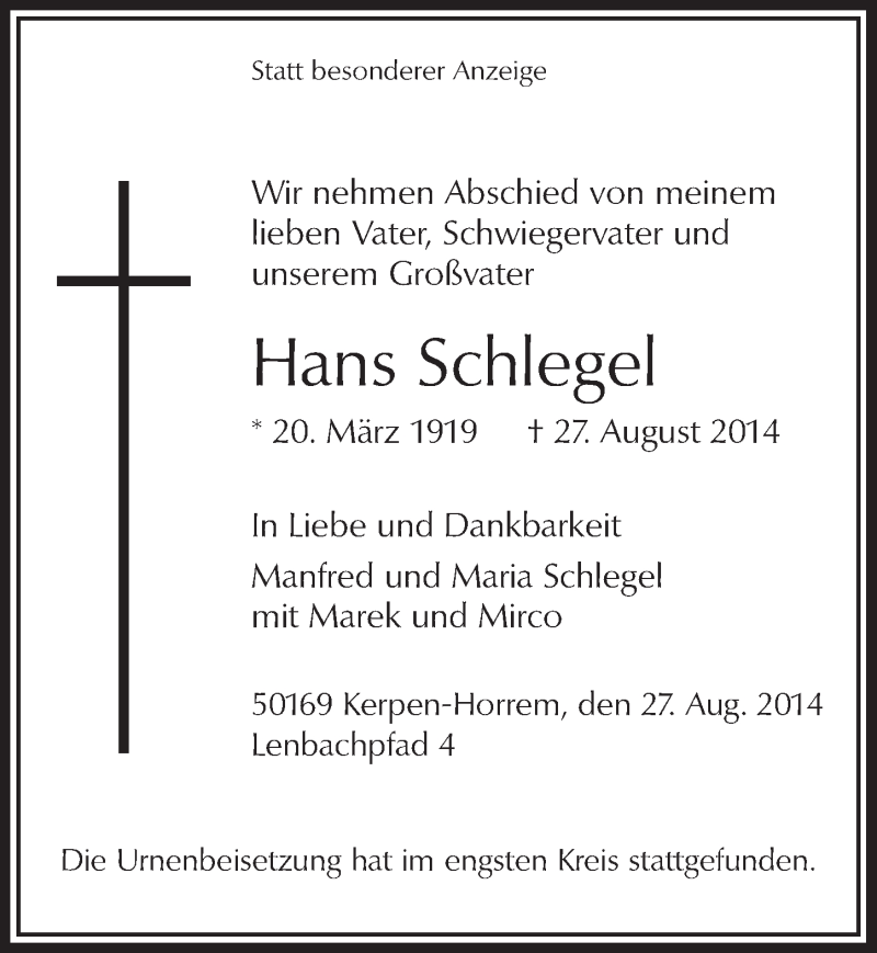  Traueranzeige für Hans Schlegel vom 17.09.2014 aus  Werbepost 