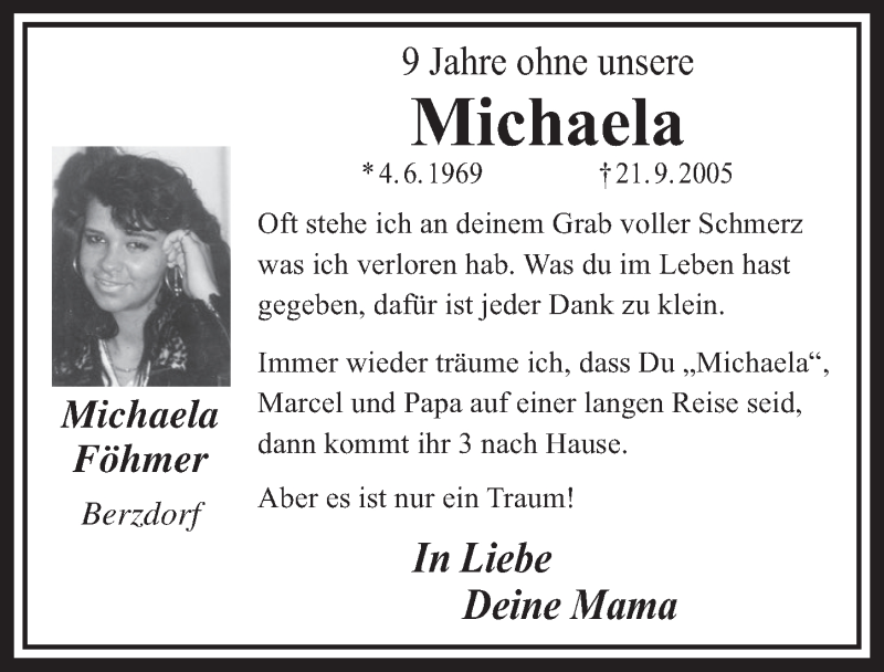  Traueranzeige für Michaela Föhmer vom 17.09.2014 aus  Schlossbote/Werbekurier 