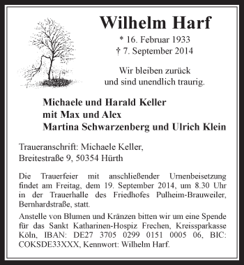 Anzeige von Wilhelm Harf von  Wochenende 