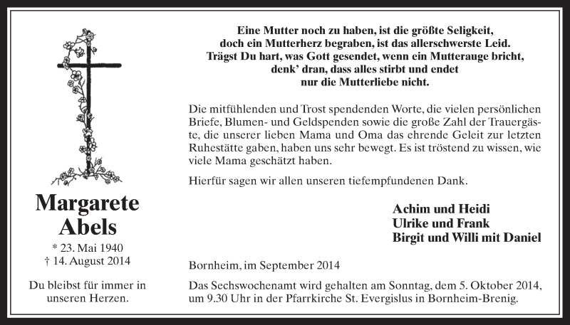  Traueranzeige für Margarete Abels vom 24.09.2014 aus  Schaufenster/Blickpunkt 