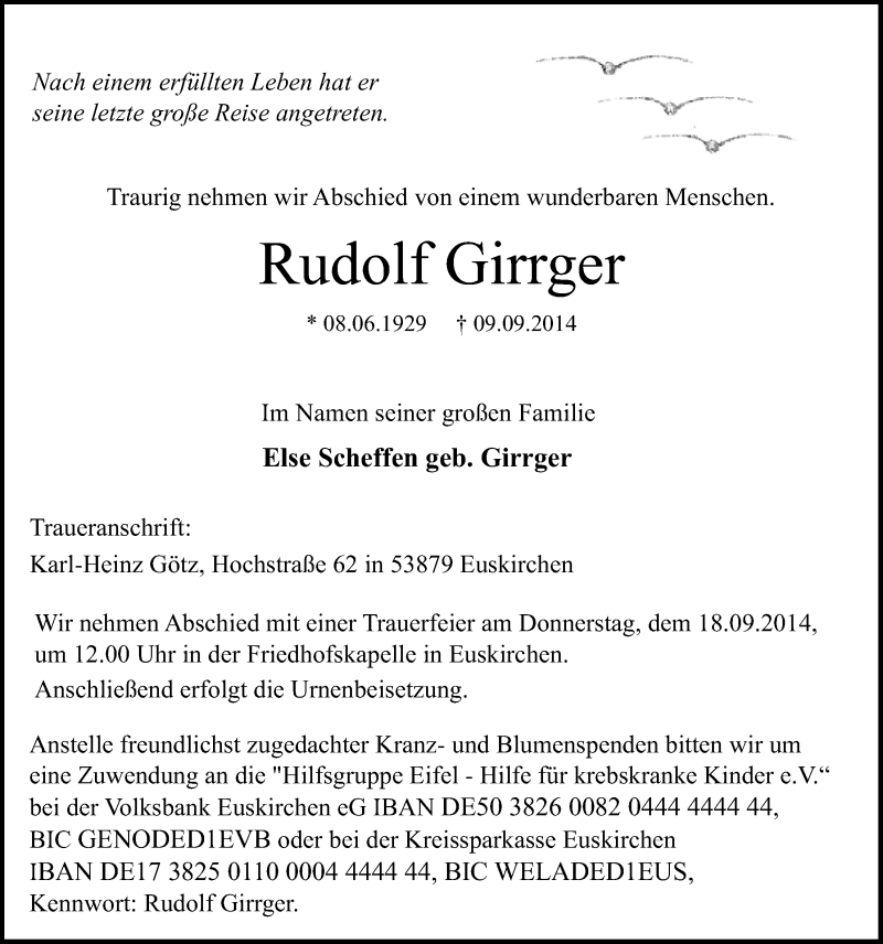  Traueranzeige für Rudolf Girrger vom 14.09.2014 aus  Blickpunkt Euskirchen 
